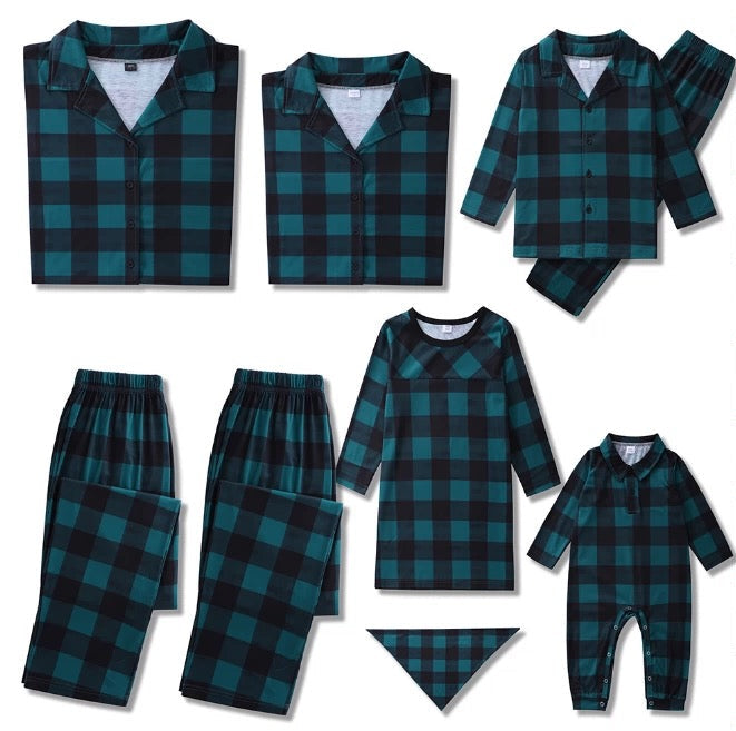 Green and black plaid family matching pajamas set including men, women, kids, baby, and pet outfits