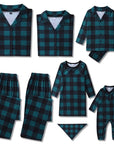 Green and black plaid family matching pajamas set including men, women, kids, baby, and pet outfits