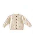 Floral knit baby cardigan cream front view with 3D flower appliqué, soft warm baby knitwear with button fastening UK