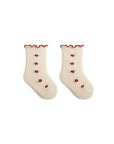 Cream Blossom floral ruffle cotton baby socks, vintage ribbed knit for girls