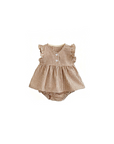 Baby gingham top and bloomers set front view in beige with ruffle sleeves and button fastening