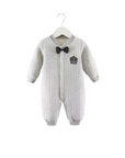 Gray quilted baby romper with black bow tie and crown print, formal newborn outfit