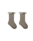 Gray-green baby socks with soft cotton rib and cute lace ruffle top
