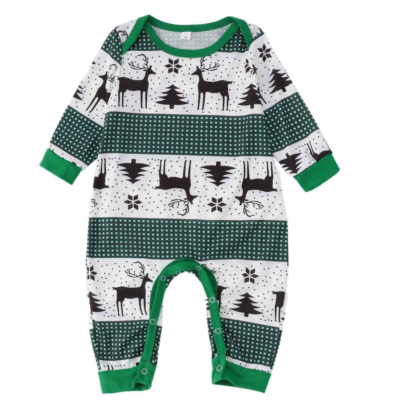 Baby Christmas romper in green and white with reindeer and tree holiday print