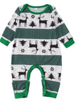 Baby Christmas romper in green and white with reindeer and tree holiday print