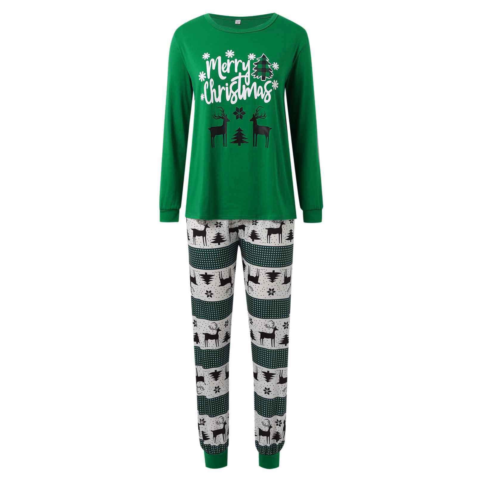 Family matching green Merry Christmas pajamas set with festive reindeer and tree print