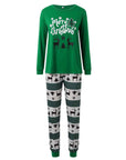 Family matching green Merry Christmas pajamas set with festive reindeer and tree print