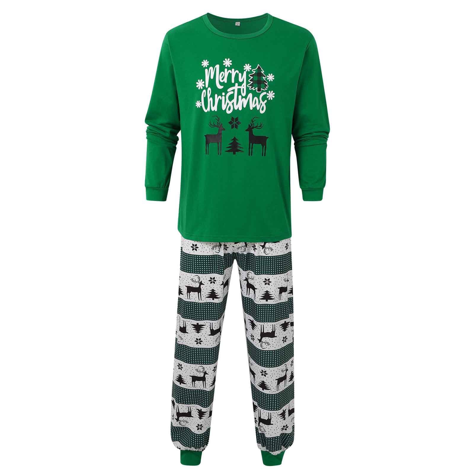 Men’s green Merry Christmas pajamas with festive reindeer and tree pattern