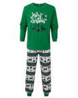 Men’s green Merry Christmas pajamas with festive reindeer and tree pattern