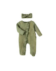 Olive green ruffle baby romper with headband, long sleeves, lightweight breathable cotton