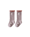 grey baby socks with frill edge and daisy embroidery – cozy cotton ribbed fabric
