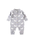 Grey knitted baby romper with white dog pattern and front buttons