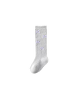 Grey knee-high knit baby socks with satin bow detail – breathable cotton