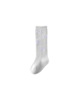 Grey knee-high knit baby socks with satin bow detail – breathable cotton