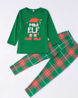 Kids Mini Elf Christmas pajamas set with green elf print top and red plaid pants