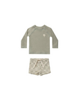 sage green kids palm rash guard swim set with long sleeve top and printed swim shorts