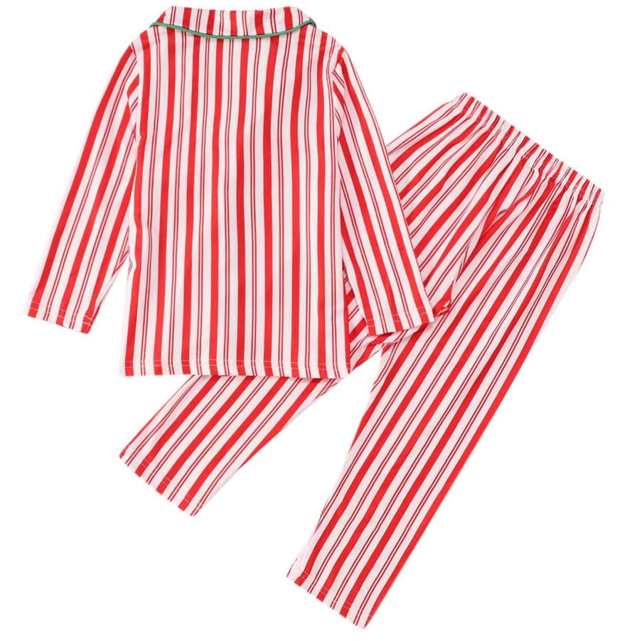 Back view of kids red and white striped Christmas pajama set