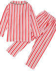 Back view of kids red and white striped Christmas pajama set