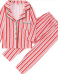 Kids Christmas pajama set with red and white stripes and green trim