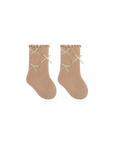 Coffee lace edge cotton baby socks with bow detail – soft cotton baby socks