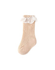 Beige lace frill baby socks – delicate cotton knit socks with ruffled lace cuff for girls