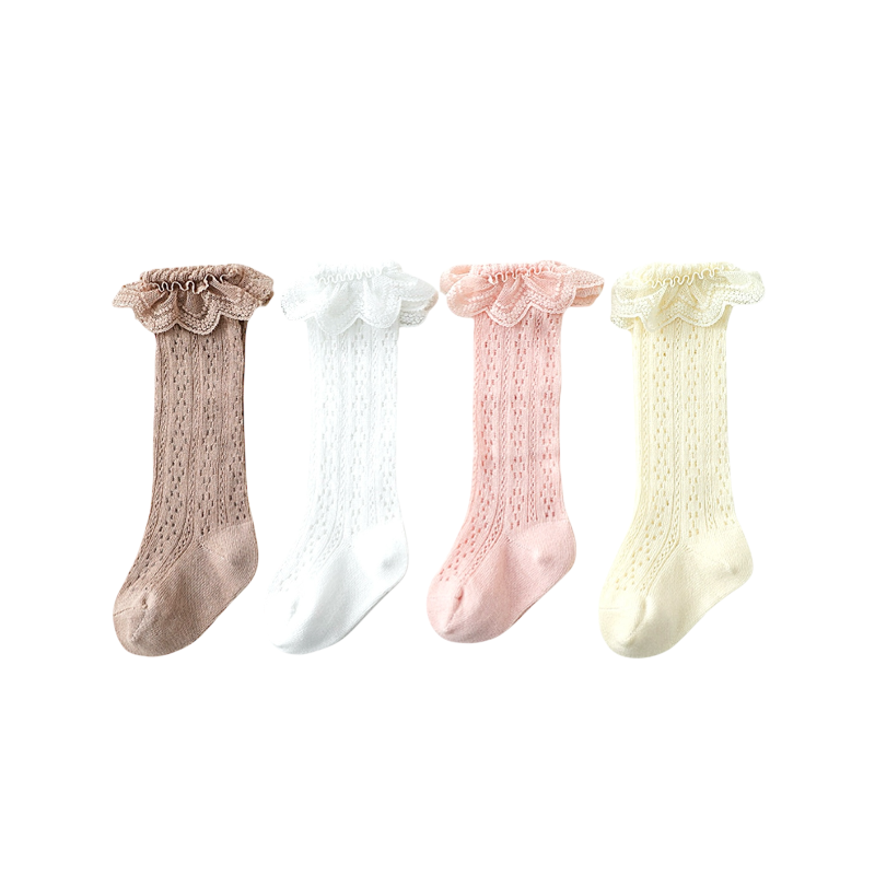 Lace knit baby socks collection in four colors – pink, white, cream, and brown. Soft cotton ruffle socks for girls.