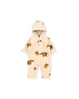 Beige hooded baby fleece romper with lemon print, cozy winter jumpsuit for boys and girls