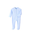 Light blue zip-up baby romper with long sleeves and front pocket.