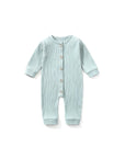 Front view of light green ribbed cotton baby romper – minimalist long sleeve design with buttons.