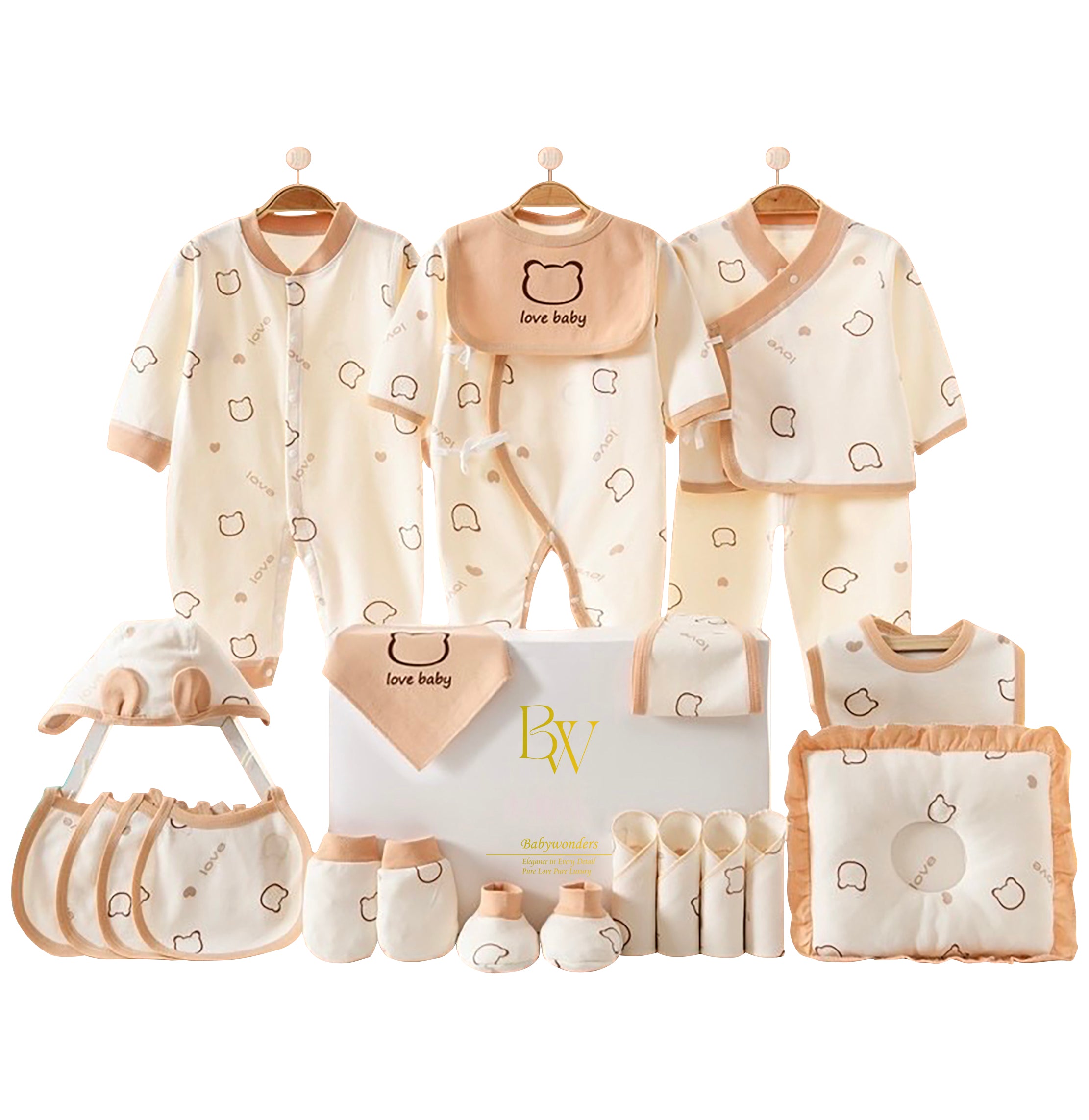 Close-up of baby clothing and accessories featuring ‘Love Baby’ text and heart-themed accents