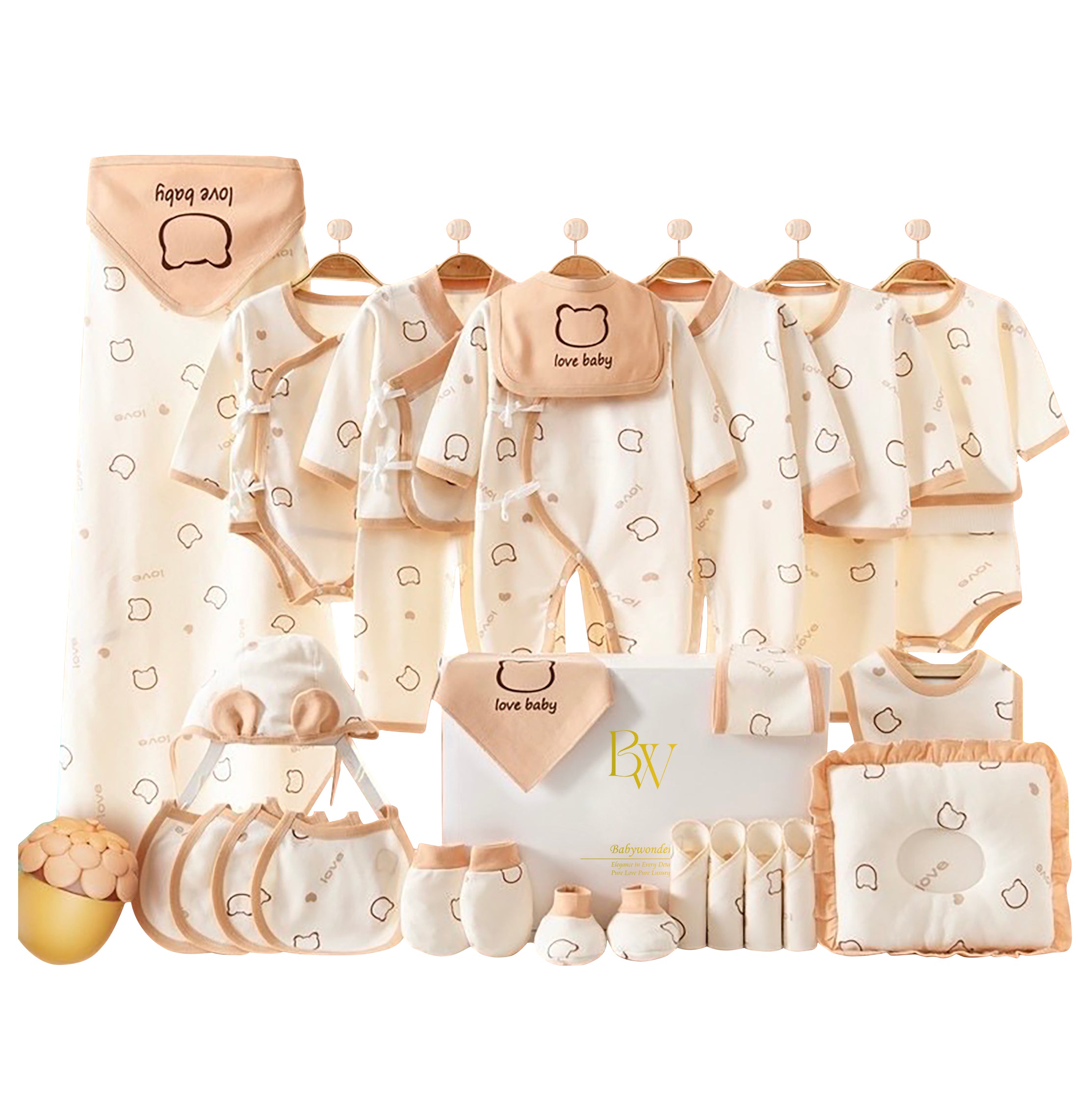 Love Baby-themed gift set including bodysuit, bibs, towel, pillow, wrap, socks, and gloves in soft pastel colors