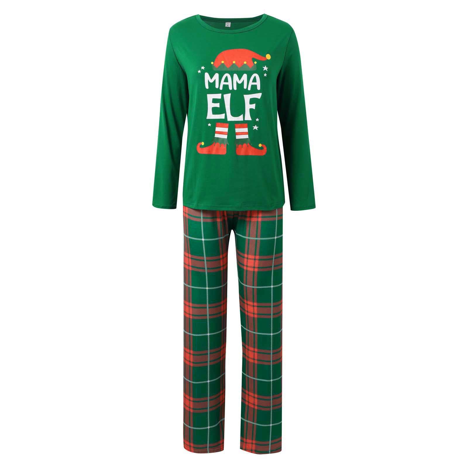 Women’s Mama Elf Christmas pajamas set with green long sleeve top and red plaid pants