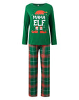 Women’s Mama Elf Christmas pajamas set with green long sleeve top and red plaid pants