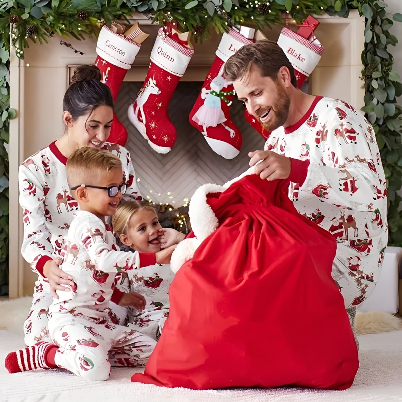 Happy family in matching Christmas pajamas with Santa print sitting by fireplace, opening red gift bag.