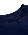 Detailed view of footed design on navy blue baby romper with ribbed cuffs.
