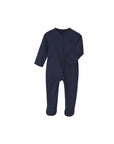 Navy blue cotton baby sleepsuit with zipper and footed bottom for warmth.