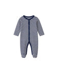 Navy stripe baby sleepsuit with front button closure in soft cotton fabric for comfortable everyday wear