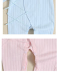 Close-up of newborn baby cotton kimono romper with ribbed fabric, side tie design and snap closure at crotch in blue and pink