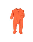 Soft orange cotton baby sleepsuit with zipper closure and chest pocket.
