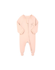 soft pink baby sleeper with bow embroidery and front zipper