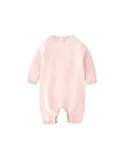 Pink embroidered knit baby romper back view, soft cotton baby girl outfit with long sleeves, warm and comfortable baby romper