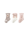 Three-pair baby socks set in pink and cream with floral embroidery and bow design, perfect baby gift.