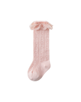 Pink lace knit baby socks made of soft breathable cotton with cute ruffle trim – perfect for toddler girls.