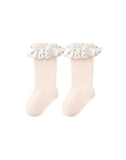 Pink frill baby socks with polka dot trim – breathable cotton mid-calf socks