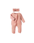 Pink ruffle baby romper with matching headband, long sleeves, soft cotton texture