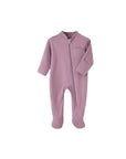 Purple long sleeve baby romper made of soft cotton knit fabric.