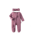 Mauve purple ruffle baby romper with headband, soft long-sleeve one-piece outfit