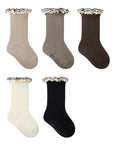Set of five ribbed baby ruffle socks in neutral colors with lace trim