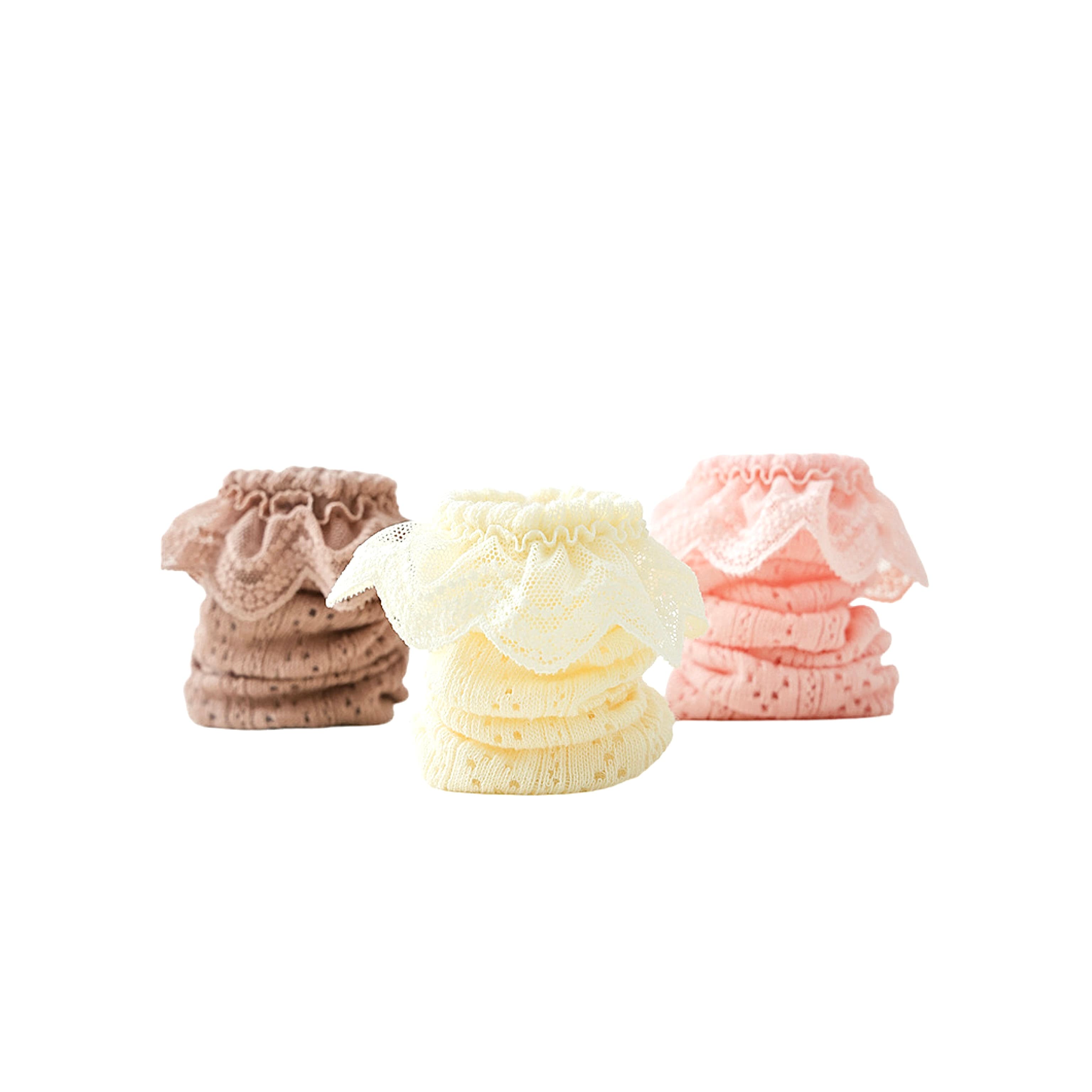 Stacked ruffle lace baby socks in soft cotton – cream, pink, and brown colors for toddlers.