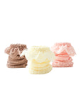 Stacked ruffle lace baby socks in soft cotton – cream, pink, and brown colors for toddlers.